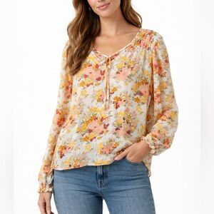 JOIE Floral Yellow Pink Boho Peasant Blouse Long Sleeve Lightweight Casual Top S